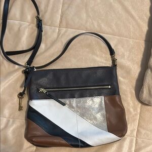 Fossil Brown and White Crossbody Bag with Color Block Design